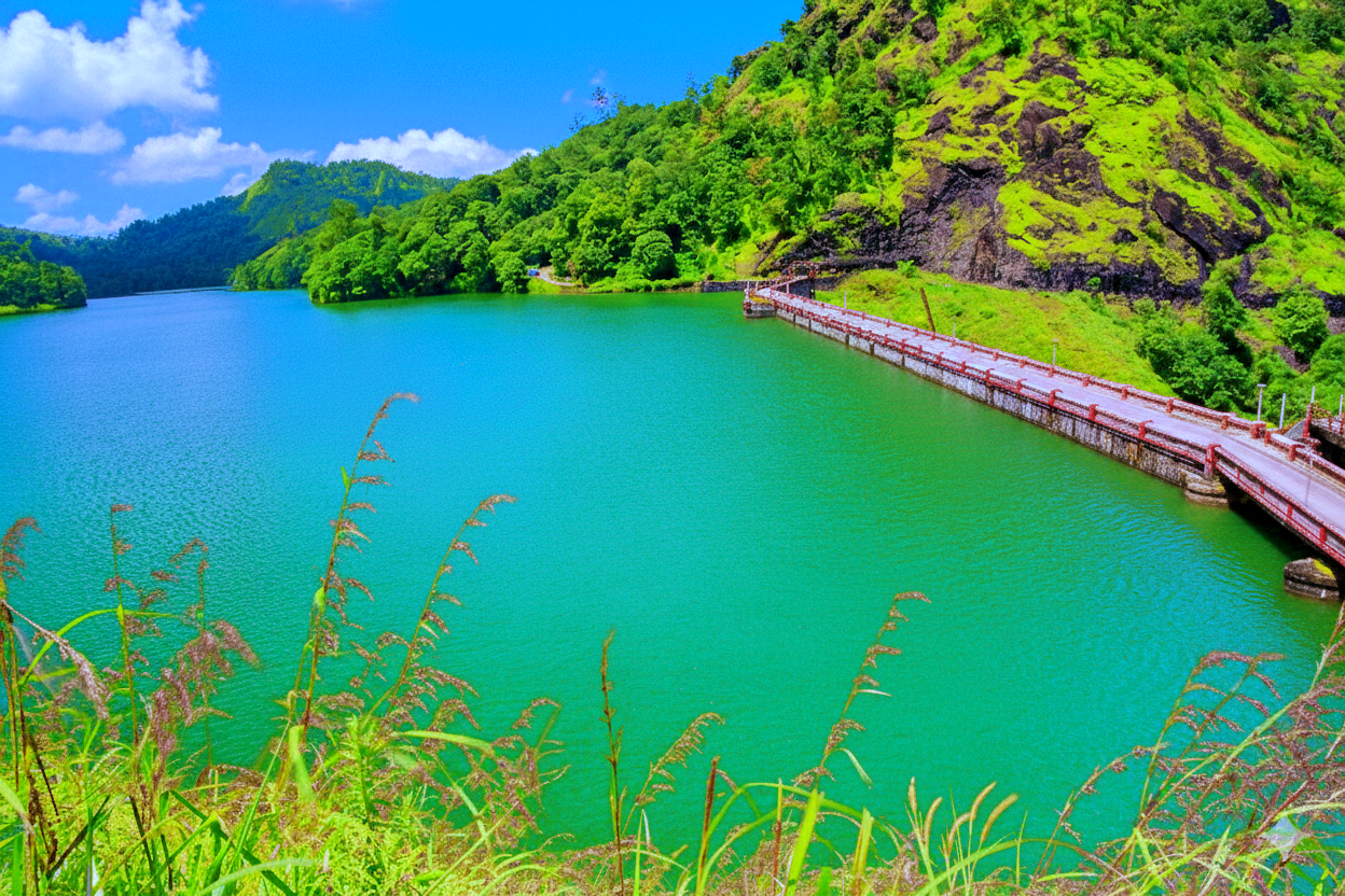 Scenic view of Ponmudi Dam in Rajakkad, surrounded by green hills.