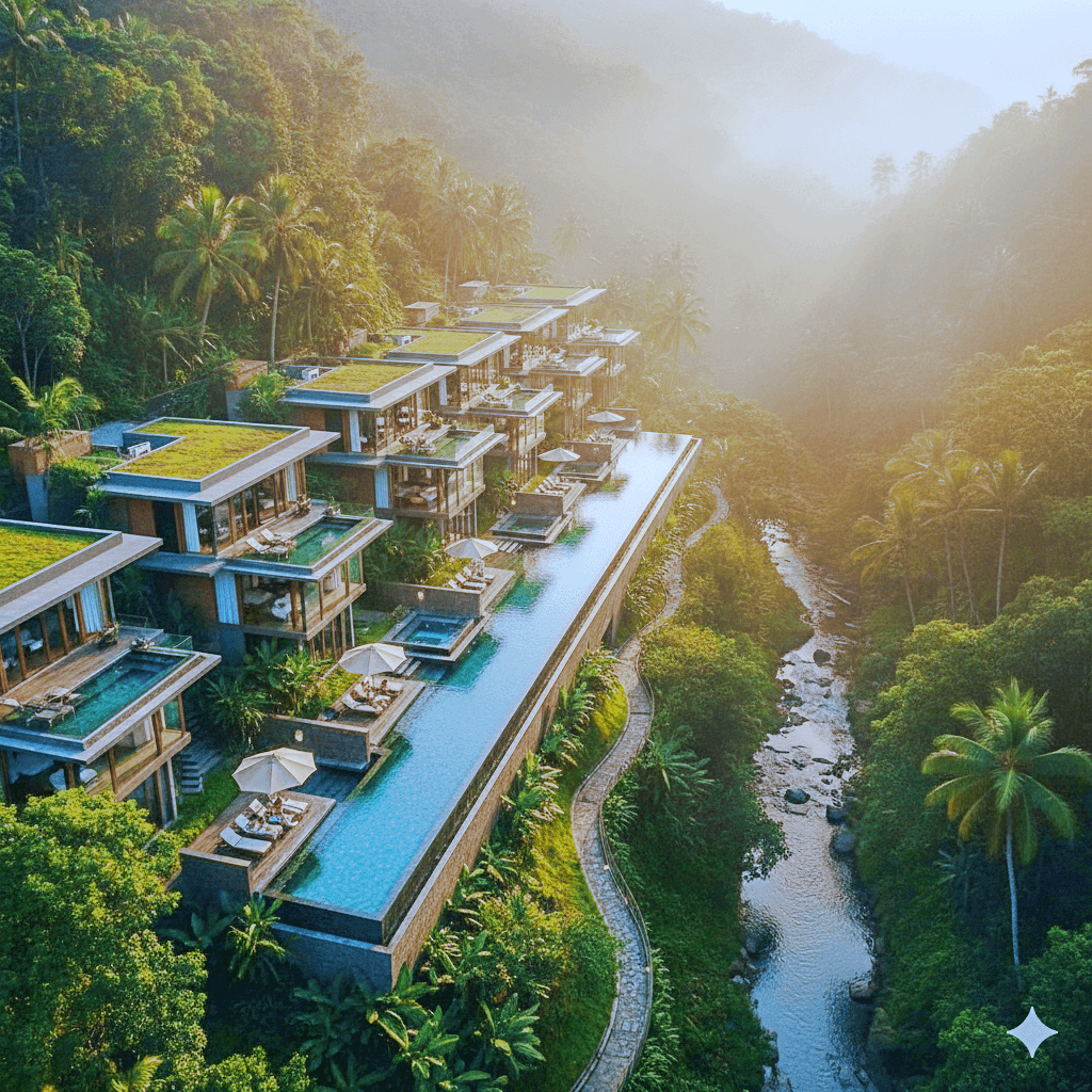 Luxurious Mountain View Resort with a backdrop of the Western Ghats.