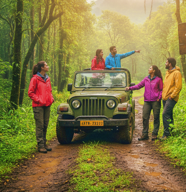 A jeep parked in a scenic mountain location.